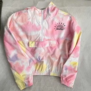 Girls Justice Pink Yellow Tie Dye Windbreaker Hoodie Rain Jacket Sz L 14/16 - Picture 1 of 5