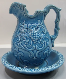 Vintage Norleans Japan Blue Mini Pitcher with Bowl Grape Pattern - Picture 1 of 7