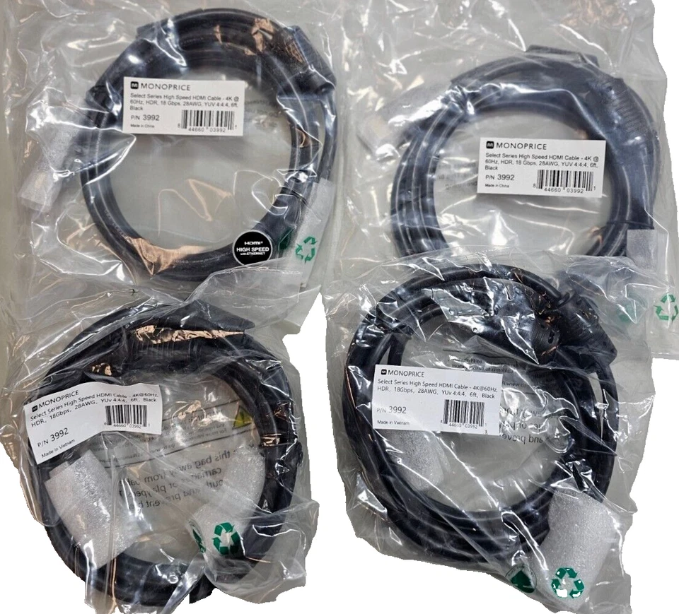 4Pack Monoprice 3992 6' HDMI High Speed 4K@60Hz/18Gbps/28AWG Cable - Image 1 of 1