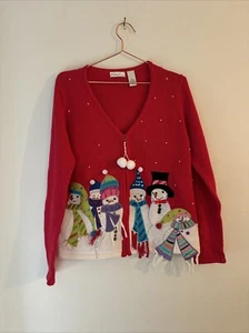 Kim Rogers Christmas Cardigan Sweater Women Medium Red Snowman Cottagecore - Picture 1 of 9