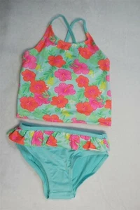 Girls 2 PC SWIMSUIT Tankini Set TEAL PINK ORANGE Tropical Flowers XS 4-5 - Picture 1 of 2