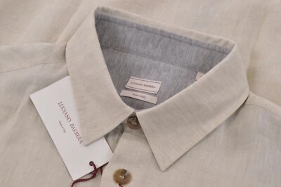 NWT Luciano Barbera Over Shirt Size M In Light Tan & Gray 100% Linen  - Image 1 of 4