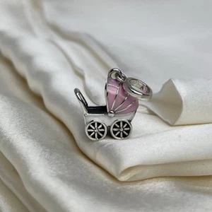Sterling Silver 925 Cute Enamel Pink & White Baby Carriage Dangle Charm - Picture 1 of 6