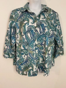 Chaps Blouse No Iron Paisley Blue 3/4 Sleeve Size 3X Cotton Casual Women Plus - Picture 1 of 5