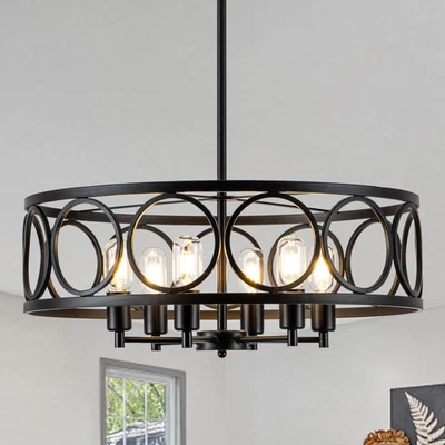 Black Farmhouse Chandelier, 6-Light Rustic Drum Dining Room Light Fixture Ove... - Image 1 of 4