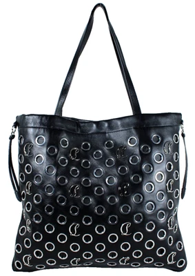 CHRISTIAN LOUBOUTIN Black Leather & Silver Eyelet MOUCHARA Tote Bag - Image 1 of 4