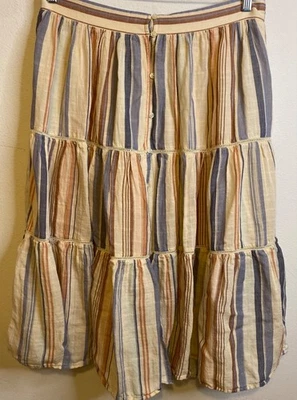 Lucky Brand Skirt Button Front Midi Tiered Terra Cotta Boho Lagenlook Striped L - Image 1 of 4