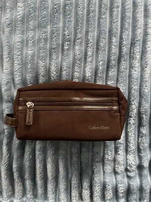 Calvin Klein Zip Toiletry Dark Brown Cosmetic Travel Bag EUC - image 1 of 4