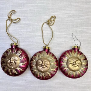 Vintage Himmlisch Lila Glas 3 Weihnachtsschmuck Gold Sonnenscheibe Erhöht Metallic - Bild 1 von 23