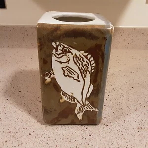 Art Pottery Rectangular Shape Vase Unique Fish Design ~ 8" Tall - Picture 1 of 10