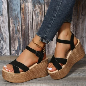 Damen Keilabsatz Plateau Espadrille Römische Sandalen Gladiator Riemchen Schuhe - Bild 1 von 8