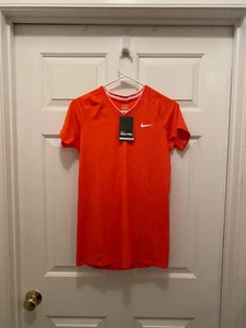 NWT Nike Women's Pro Combat Base Layer V-Neck Dri-Fit Orange White T-Shirt Large - Picture 1 of 3