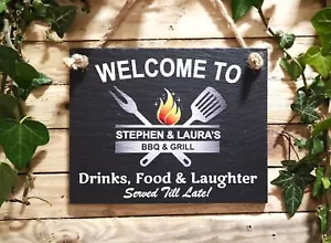 Welcome To BBQ & Grill Natural Slate Garden Sign Plaque 3 Sizes - Picture 1 of 8