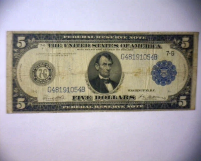 1914 $5 FEDERAL RESERVE NOTE LARGE 7 G, 🌟CHICAGO, ILL.🌟WHITE/MELLON🌟 - Image 1 of 4