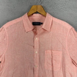 Vineyard Vines Mens Linen Shirt Large Coral Stripe Short Sleeve Button Up Pocket - Picture 1 of 8