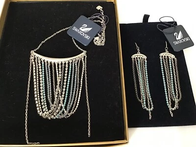 JUEGO SWAROVSKI DRAMA Collar Pendientes Cristal Azul Cuelga Tono Plata Cadenas Foto 1 de 4