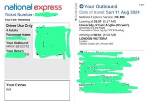 NATIONAL EXPRESS BUS TICKET FROM NORWICH TO LONDON VICTORIA COACH FOR 4 PEOPLE - Picture 1 of 1