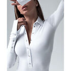(White) Lapel Bodysuit Brief Shape Women Bodysuit V Neck Slim Convenient