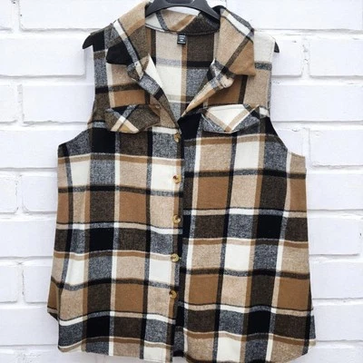 Shein изгиб флис кнопка вверх жилет женщин 3XL коричневый черный клетку карманы повседневный  - Изображение 1 из 4