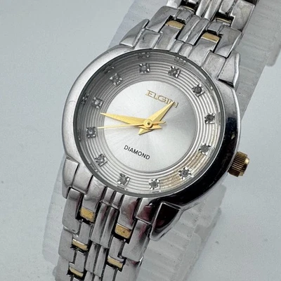 Reloj de Cuarzo Elgin Vintage Mujer Doble Tono 12 Diamantes Genuinos Batería Nueva 7.75" Foto 1 de 4