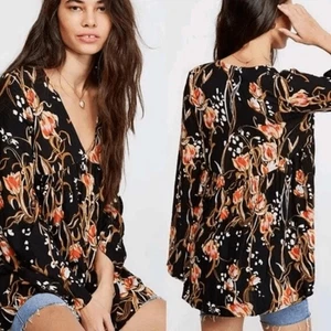 Free People L Bella Black Floral V-Neck Tunic Top Boho Festival Fits XL 1X - Picture 1 of 9