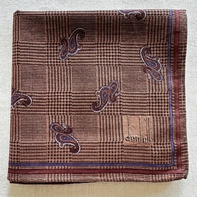 Antigo Lenço Dunhill Marrom Houndstooth & Paisley Algodão Bolso Quadrado 19" - Imagem 1 de 4