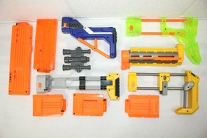 Large Lot of 11 NERF Gun Accessories/Attachments - Sight, Mags, Barrel, Stocks