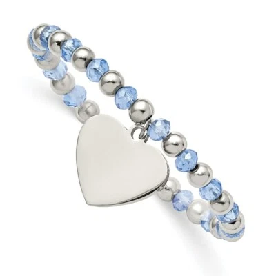Pulsera elástica colgante corazón cuentas vidrio azul pulido acero inoxidable Foto 1 de 3