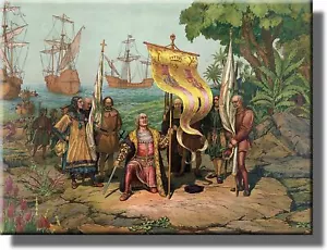 Cuadro histórico de Colón tomando posesión de un nuevo país sobre lienzo estirado, - Imagen 1 de 5