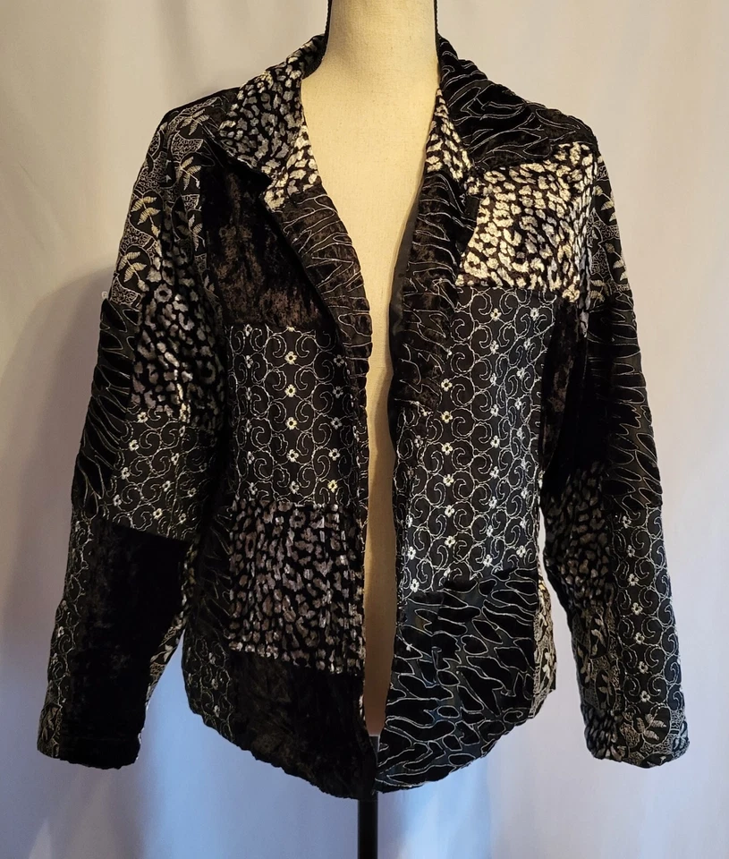 Vintage Indian Mixed Media Jacket Open Black Boho Patchwork L - Image 1 of 4