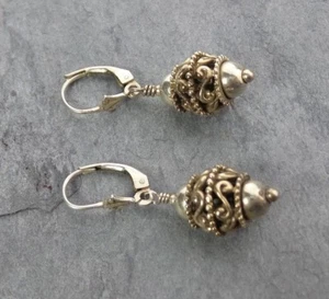 Dangle Beaded Leaves Sterling Silver Earrings 925 Vintage Handmade 7 grams  - Picture 1 of 6