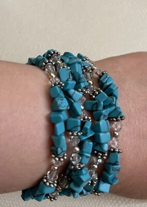Square Turquoise & Crystal Bracelet 5-Line With Easy Buckle - Picture 1 of 7