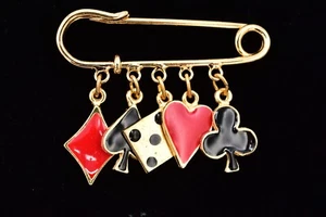 Vintage Charm Safety Pin Brooch Card Suits Heart Spade Casino Dice NOS BinA9 - Picture 1 of 12