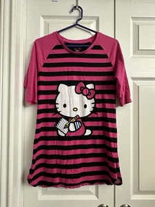 Hello Kitty Woman’s Nightgown Sleepshirt XL Pink Striped - Picture 1 of 8