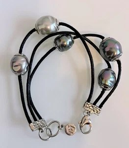 Majorica schwarz Lederband 12mm Barock Perlen 3 reihig Armband steril silber  - Bild 1 von 6