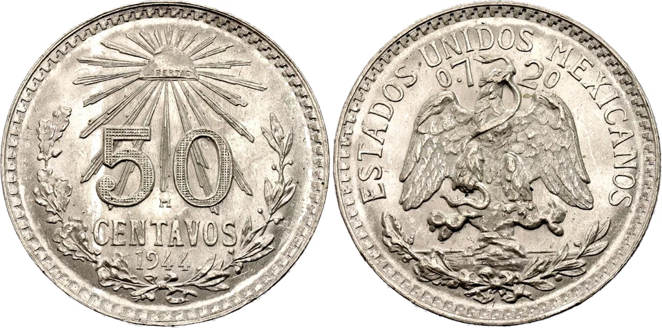 Moneda de Plata México 50 Centavos 1944 M KM# 447 UNC con Brillo Como Nuevo Completo Foto 1 de 1