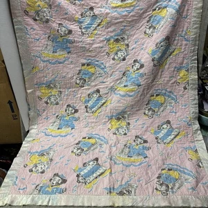 Vintage 40s-50s BAby Quilt Reversible Pink Bears Yellow Fairy Tales 34" x 50" - Picture 1 of 11