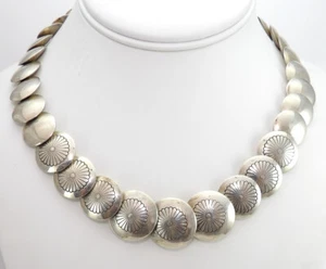 Native American Sterling Silver Graduated Etched Concho Pillow Bead Necklace 18" - Picture 1 of 3