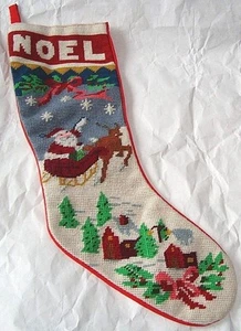 Finished kit Cross Stitch Christmas Stocking Design Santa Town NOEL Sleigh - Picture 1 of 5