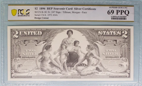 BEP Souvenir Card ~ 1896 $2 Silver Certificate ~ PCGS Gem CU69PPQ ~ 8807 Cover