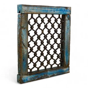 Antique Vintage Indian Metal Jali Window in Wooden Frame - Picture 1 of 5