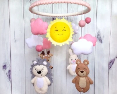 Bebé Móvil Bosque Animales Fieltro Rosa Niña Guardería Decoración Bebé Regalo Cuna Móvil Foto 1 de 4