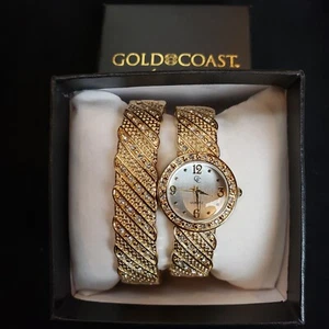 Gold Coast Women’s Watch & Bracelet Set Gold Tone Crystal Accents New Battery - Picture 1 of 14