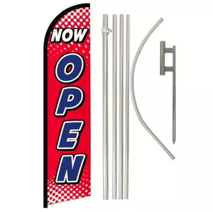 Now Open Windless Banner Swooper Advertising Flag Pole Kit Red/Blue Lettering - Picture 1 of 8