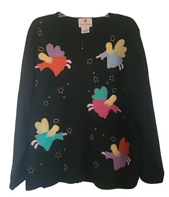 QUACKER FACTORY Women’s Black Zip Front Felted 100% Wool Cardigan Angels Size 1X - Image 1 of 4