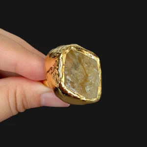 Natural Yellow Lemon Quartz Rough Rings Adjustable Designer Gold Plated Ring - Picture 1 of 6