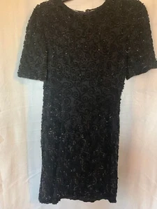 EUC Nightline Black Beaded 100% Silk Dress Size 4 - Picture 1 of 8