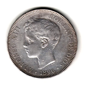 ESPAÑA 5 Pesetas plata 1896 PG.V *18* *96* Rey Alfonso XIII - muy bonito duro - Picture 1 of 2