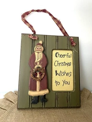 Arte popular primitiva bordada alegre desejos de Natal Papai Noel amostrador de parede de madeira - Imagem 1 de 4