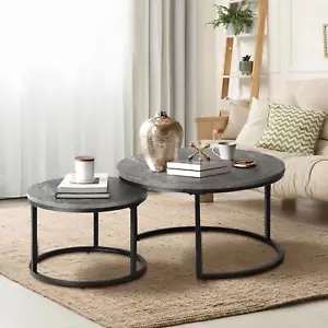 Oikiture Set of 2 Coffee Table Round Marble Nesting Side End Table Grey & Black - Picture 1 of 10
